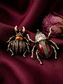 2PCS Vintage Antique Bronze Insect Beetle Brooch Set Rhinestone Enamel Cute Animal Pins Gothic Retro Statement Fashion Jewelry Accessories For Women - Stag Beetle + Rhinoceros Beetle - View 2
