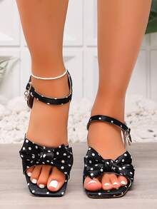 Polka Dot Satin French Bow Chunky High Heel Sandals Women Summer New Square Toe Open Toe Single Strap Cute Fairy Style High Heel Sandals Suitable For Wedding Evening Party Daily Commute Outfit - Black - View 6