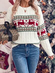 Women's Autumn/Winter Cable Knit Christmas Reindeer Pattern Drop Shoulder Long Sleeve Casual Sweater - White - View 5