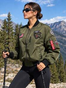 Spring/Autumn Baseball Collar Embroidered Patchwork Women's Baseball Jacket, Casual Loose Flight Jacket Short Coat - Army Green - View 2
