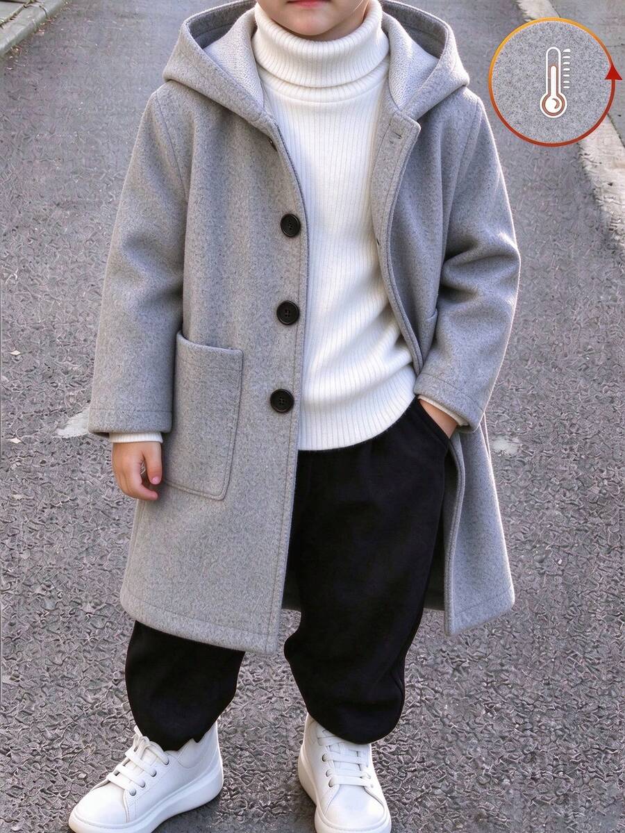 小男孩冬季羊毛長袖連帽單排扣雙口袋夾克 - 灰色 - 查看 1