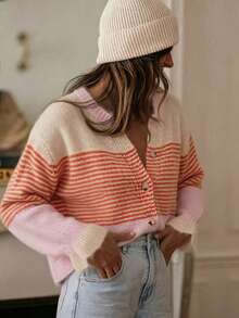 Plus Size Women 2026 Autumn/Winter Vintage Elegant Casual Party Christmas Daily Colorblock Striped Pattern Loose Long Sleeve Button-Front Cardigan - Multicolor - View 6