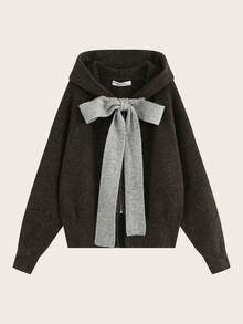 Women's Autumn/Winter Bow Decor Hooded Knit Cardigan - Coffee Brown - View 3