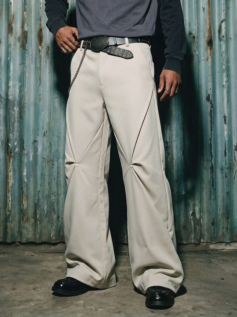 Modcrash Men's Casual Loose Wide Leg Pants, Geometric Patchwork And Button Detail Straight Leg Long Pants, Streetwear Style For Daily Wear And Outings - Beige - View 1