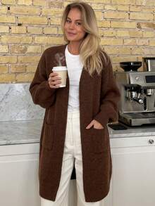 Women's Brown Plush Long Open Front Knit Cardigan, Loose Long Sleeve Paris Style Autumn/Winter Coat With Pockets - Brown - View 2