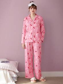 Gongdie 2pcs Women's Pajama Set, Autumn/Winter Pink Soft Silky Satin Cherry & Floral Print Loungewear With Pockets - Pink - View 8