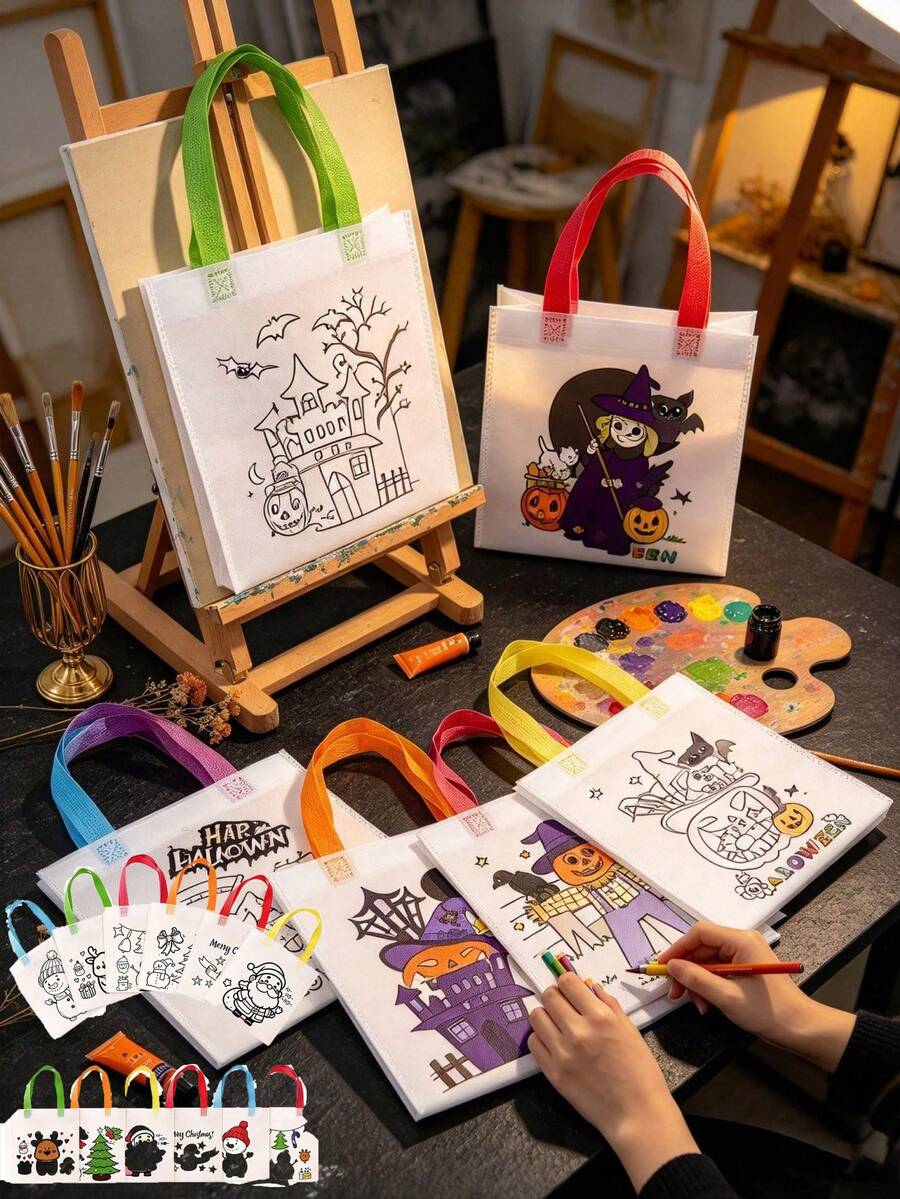 12pcs Halloween Christmas DIY Gift Bags, Doodle Tote Bags, DIY Line Drawing Gift Bags With Colorful Handles, Atmosphere Creating Supplies, Photo Props, Suitable For Party Packaging, Packaging Bags, Table Center Decor, Gift Bags - Multicolor - View 1