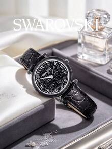 Swarovski 1pc Black Round Quartz Wrist Watch, Glass Rhinestone Dial, PU Leather Strap, Vintage Women's Watch, Suitable For Daily And Party Wear - Black - View 2