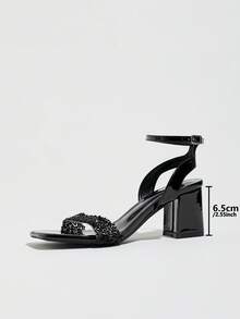 Women's High Heel Sparkling Rhinestone One-Strap Square Toe Chunky Heel Spring Summer Party Evening Wedding Sexy Open Toe Glamorous Style Sandals Elegant Black High Heel Shoes - Black - View 4