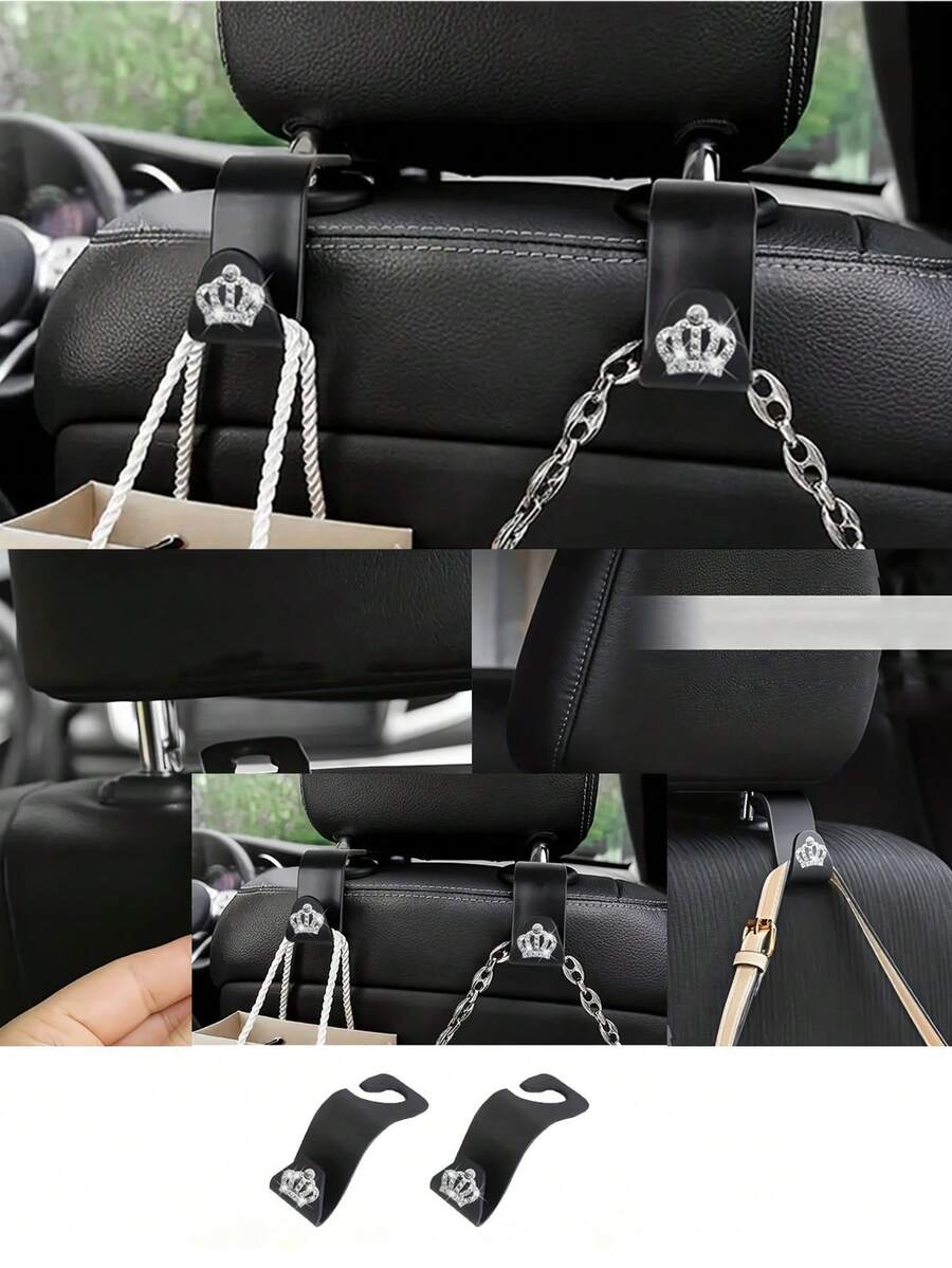 2pcs Shiny Crown Pattern Car Multi-Function Seat Hook, Backseat Storage Organizer, Car Interior Backrest Small Hook - Crown Headrest Hook - View 1
