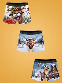 Notgurli 3pcs Christmas Funny Print Cartoon Quirky Santa Claus, Gift Box, Bells,Christmas Reindeer, Family Party Men's Mid-Rise Boxer Briefs - Multicolor - View 1