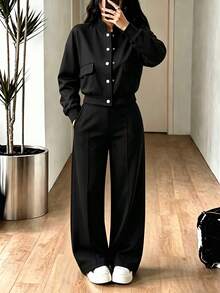 2pcs Falloutfits Women's Sports Set, Fashionable & Comfortable Solid Color Jacket And Casual Pants, Suitable For Autumn/Winter - Black - View 2