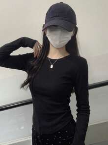 Women's Basic Black Long Sleeve Crew Neck Knit T-Shirt, Medium Stretch Fabric, Regular Fit Top For Autumn/Winter - Black - View 4