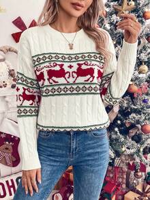 Women's Autumn/Winter Cable Knit Christmas Reindeer Pattern Drop Shoulder Long Sleeve Casual Sweater - White - View 6