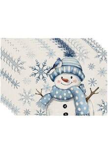 2Pcs Watercolor Snowman Placemats Blue Snowflake & Bird Print Winter Table Mats Farmhouse Winter Holiday Table Decor - Blue and White - View 13