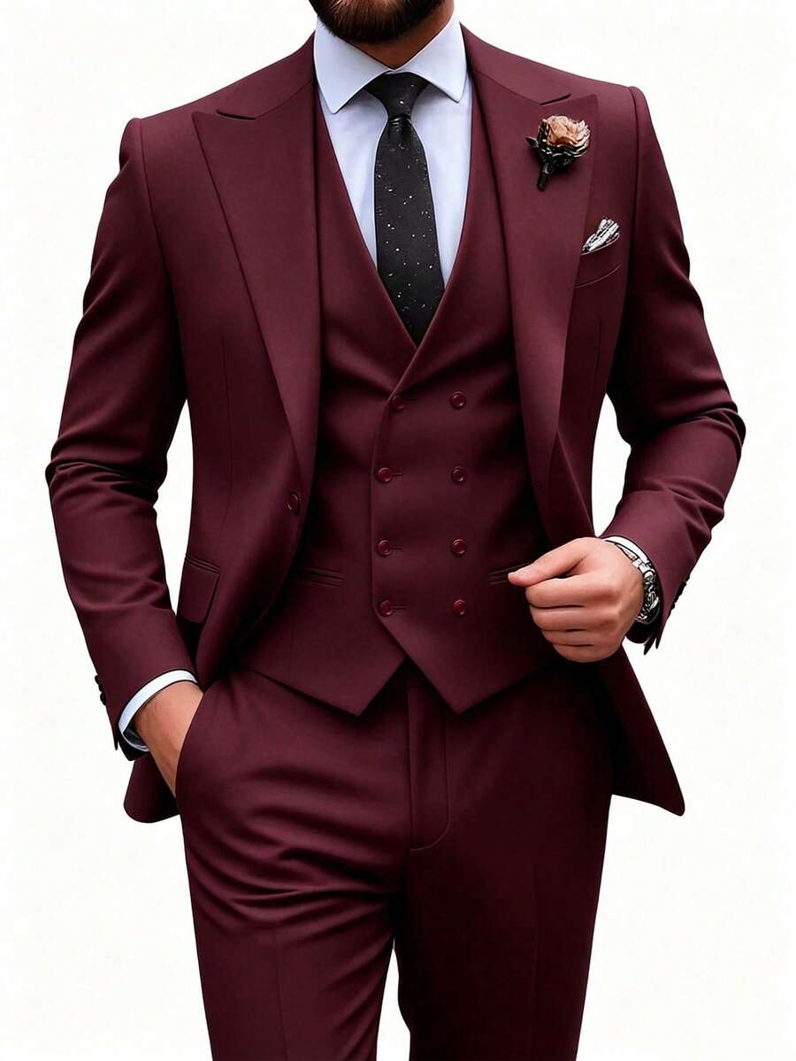 Men's 3 Pieces Elegant Suit, Solid Color Slim Fit, Wedding Suit Jacket, Double-Breasted Vest, Dress Pants, Formal Business Party Ball Old Money Style - Burgundy - View 1