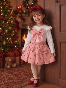 2pcs Baby Girl Cute Preppy Style Ribbed Long Sleeve Top + Heart Print Corduroy Skirt Set, Thin For Spring/Autumn - Coral Pink - View 1