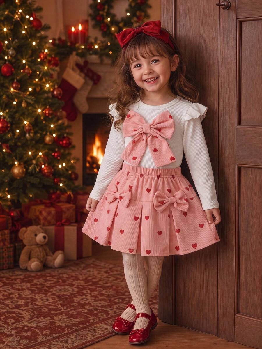 2pcs Baby Girl Cute Preppy Style Ribbed Long Sleeve Top + Heart Print Corduroy Skirt Set, Thin For Spring/Autumn - Coral Pink - View 1