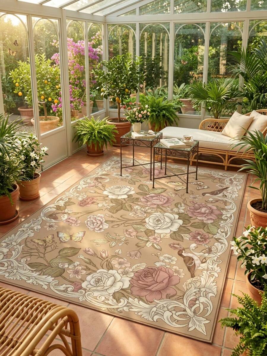 1pc Vintage William Morris Style Rectangular Area Rug, Classical Rose Floral, Bird, Butterfly And Scroll Plant Pattern, Non-Slip Soft Polyester Fiber Mat, Rectangular Decorative Carpet Suitable For Sunroom, Living Room, Bedroom, Entryway, Housewarming, Thanksgiving, Christmas Home Decor Gift - Multicolor - View 1