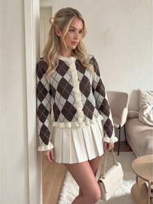 Women's Autumn/Winter Casual Outfit Set, Brown And White Argyle Pattern Sweater With Ruffle Long Sleeves - Brown - View 3