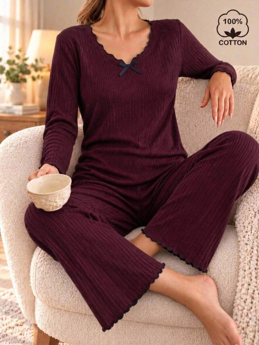 Women's Ribbed Knit Pajama Set, Long Sleeve Ruffle Top With Matching Pants, Bow Decor, Comfortable Loungewear - Burgundy - View 1