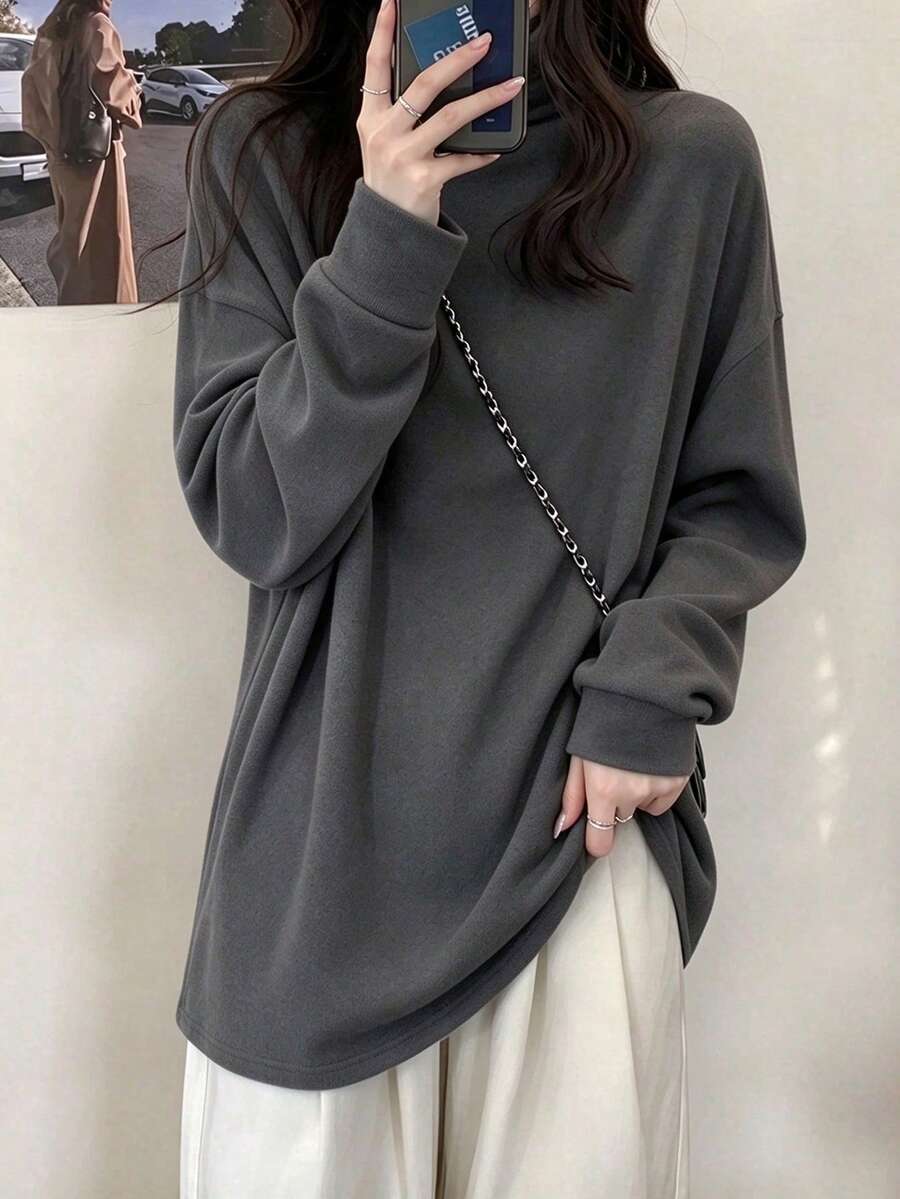Women's Loose High Neck Long Sleeve T-Shirt With Warm Lining Polyester Knit Top - Dark Grey - View 1