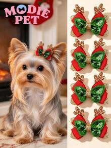 2pcs Christmas Deer Horn Dog Hair Clips, Bow Pet Hair Clips, Suitable For Small Cats And Dogs, Happy Kittens And Puppies - Multicolor - View 1