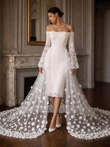 1 Pc Elegant Detachable Wedding Overskirt, Hand Applied 3D Flower Appliques, Grand Cathedral Train, Sophisticated Bridal Separate - Multicolor - View 3