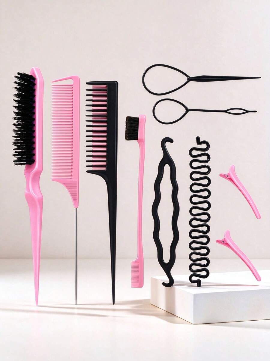 10Pcs Hair Styling Tools Set, Teasing Brush Tail Comb Edge Brush, Topsy Tail Hair Loop French Braid Tool Hair Clips, Portable Hairstyle Kit For Women Girls, Daily Party DIY Hair Accessories Holiday Gift - Multicolor - View 1
