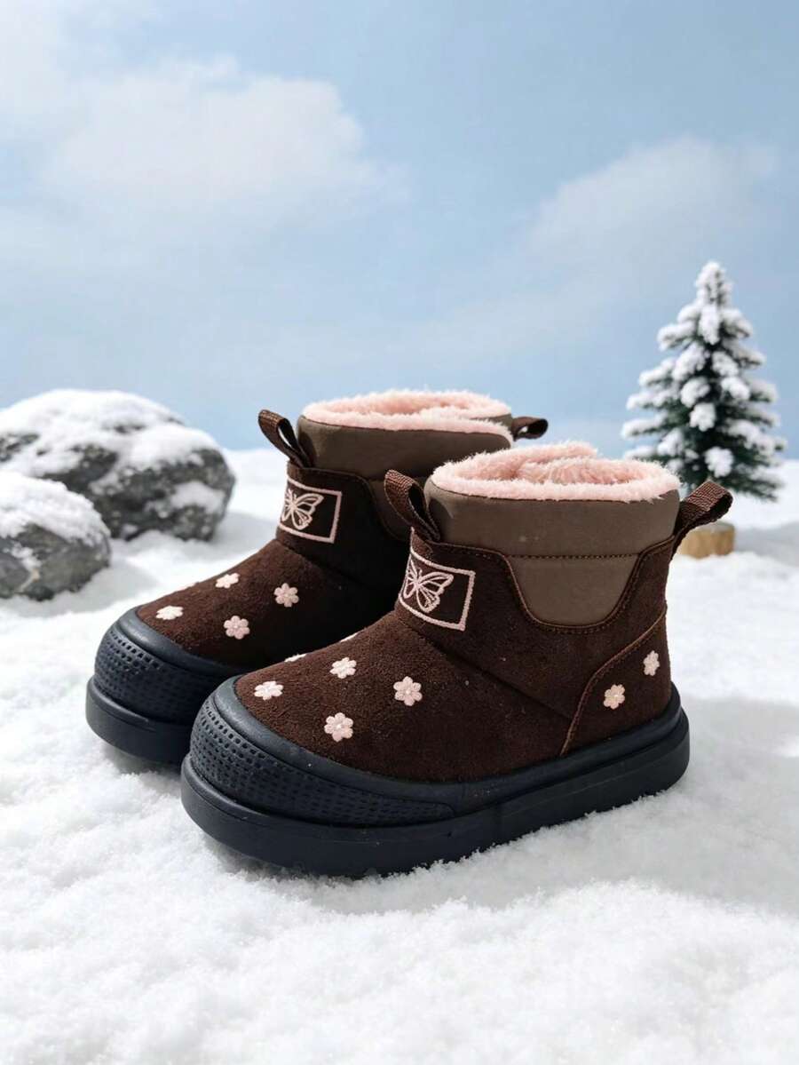 1 Pair Girls' Floral Embroidered Hook & Loop Easy On/Off Soft Sole Snow Boots, Suitable For Winter Snow Baby Boots - Coffee Brown - View 1