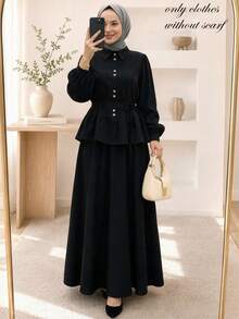 Women's Conservative 2 Pieces Set, Lapel Puff Sleeve Ruffle Top With Long Flared Skirt, Front Button Placket Waist Tie Casual Daily Outfit - Black - View 1