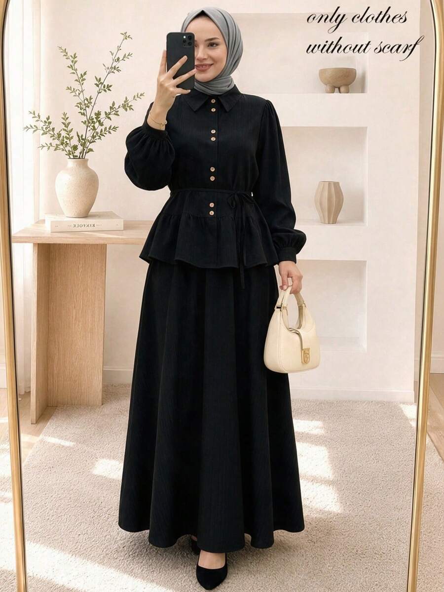 Women's Conservative 2 Pieces Set, Lapel Puff Sleeve Ruffle Top With Long Flared Skirt, Front Button Placket Waist Tie Casual Daily Outfit - Black - View 1