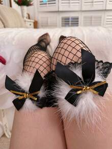 STAR RIVER Christmas Cute Bow Bell Red High-Top Sexy Fishnet Stockings, Women's Lace Feather Silk Socks, Party/Date/Gift - Multicolor - View 9