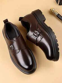 Men's Monk Strap Formal Leather Shoes, Round Toe Thick Sole Business Dress Shoes - Brown - View 2
