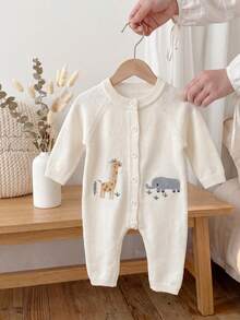 Unisex Baby Knitted Romper, Off-White Minimalist Round Neck Animal Embroidery Full Snap Crotch Soft Knitted Long Sleeve Crawler Outfit - Apricot - View 5