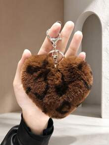 Fluffy Ball Keychain, Fur Bag Charm, Car Accessory, Backpack Pendant, Cute, Gothic, Y2K Style, Leopard Print Bead Minimalist Charm, Leopard Print Heart-Shaped Plush Keychain, Can Be Used As Keychain, Bag Charm, Backpack Pendant, Car Interior Hanging Ornament, Multi-Purpose - Multicolor - View 2