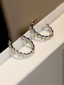 1 Pair Elegant Casual Glass Rhinestone Heart Hoop Earrings Suitable For Women's Party And Gathering - Silver - View 5