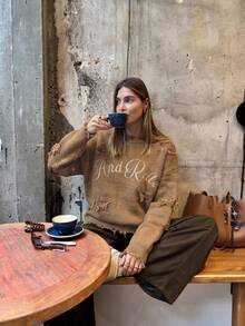 JustMiss Sweater Wanita Lengan Panjang Leher Bulat dengan Rumbai Sobek Bergaya Street Fashion Minimalis Rajut Tebal untuk Musim Gugur/Dingin - Unta - View 7