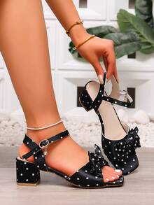 Polka Dot Satin French Bow Chunky High Heel Sandals Women Summer New Square Toe Open Toe Single Strap Cute Fairy Style High Heel Sandals Suitable For Wedding Evening Party Daily Commute Outfit - Black - View 2