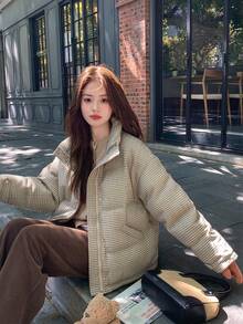 Korean Style Plaid Stand Collar Padded Coat, Premium Loose Fit Versatile Winter Warm Padded Coat - Multicolor - View 2