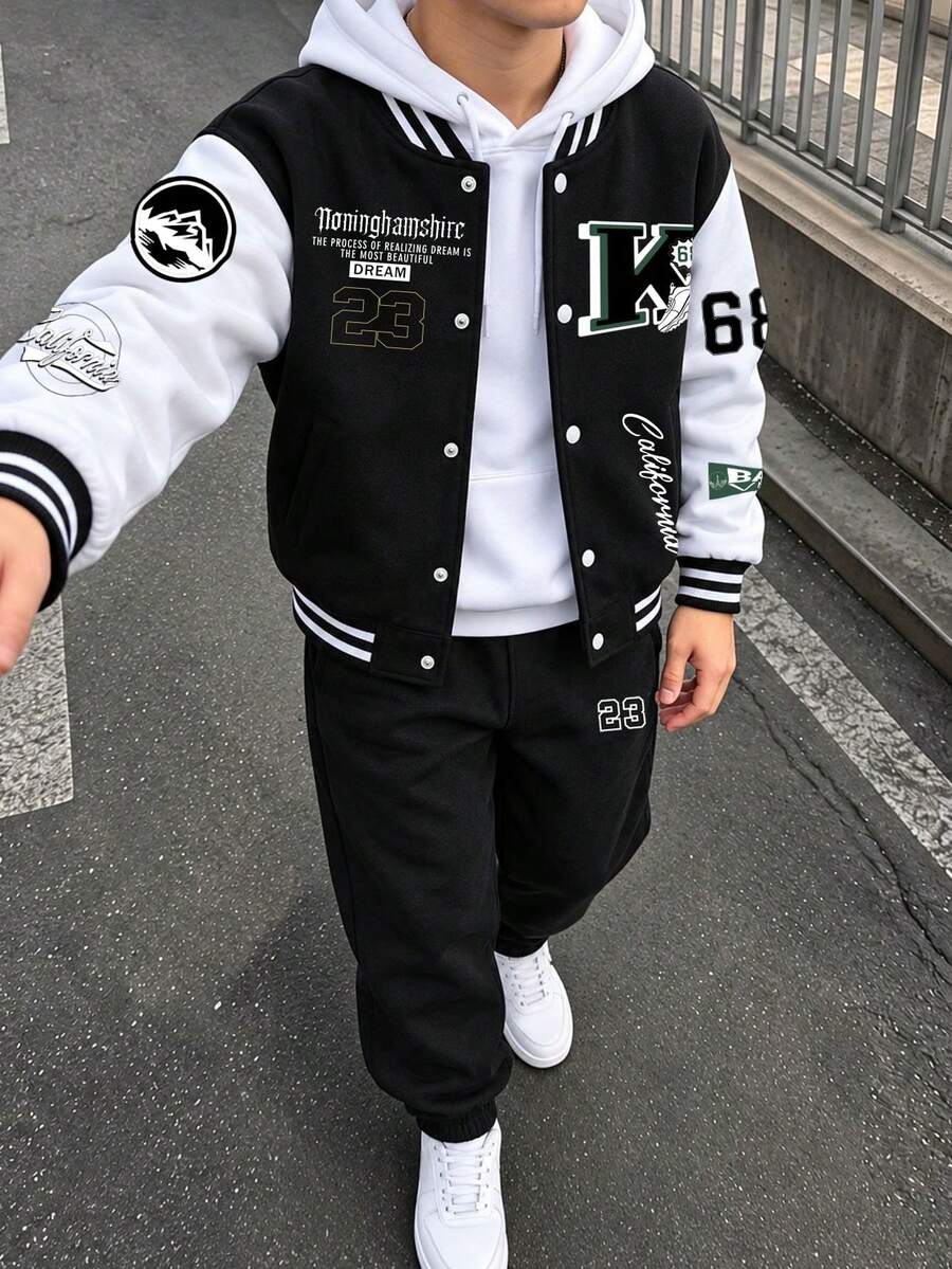 2pcs/Set Boys' Baseball Uniform Pants Set, Casual Sports College Style, Suitable For Autumn/Winter - Black - View 1