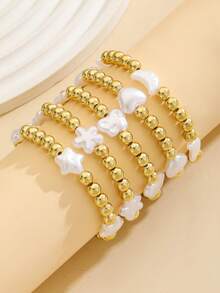 1pc/5pcs Set Girls Beaded Bracelets Gold Tone White Star Heart Flower Moon Cute Stackable Children Jewelry For Daily Wear Birthday Party Christmas - Gold - View 2