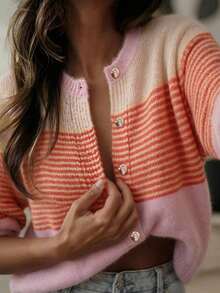 Plus Size Women 2026 Autumn/Winter Vintage Elegant Casual Party Christmas Daily Colorblock Striped Pattern Loose Long Sleeve Button-Front Cardigan - Multicolor - View 7