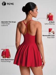 TCVC Spring/Summer New Women's Seamless High Elastic Spaghetti Strap Tennis One-Piece Dress With Built-In Safety Shorts, Invisible Phone Pocket, Adjustable Straps, A-Line Anti-Exposure Fitness Dress - Red - View 1
