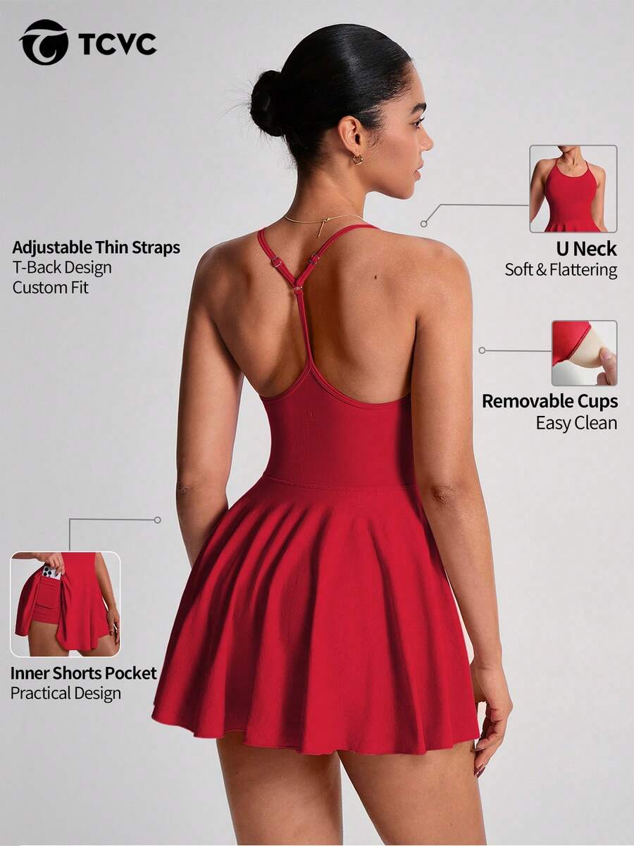 TCVC Spring/Summer New Women's Seamless High Elastic Spaghetti Strap Tennis One-Piece Dress With Built-In Safety Shorts, Invisible Phone Pocket, Adjustable Straps, A-Line Anti-Exposure Fitness Dress - Red - View 1