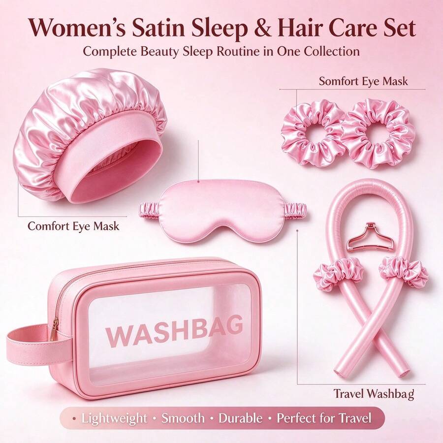 12pcs Women's Sleep Cap, Hair Scrunchie, Eye Mask Set, Casual Solid Color Faux Silk Polyester Set, Daily Vacation All Season Gift - A - View 1