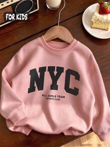 Autumn Winter Girls' Fleece Casual Sweatshirt With NYC ALL GIRLS TEAM SPORTS CLUB Letter Print - Nude Pink - View 4