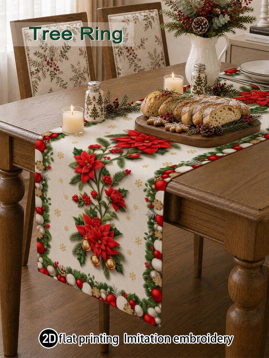 1pc Christmas Style Red Floral Print Table Runner, Kitchen Decor, Table Runners, Christmas Home Decor, Christmas Decorations For Home, Microwave Dust Cover, Kitchen Decor Tablecloth, Home Decor Table Runner, Party, Holiday Decor Tablecloth, Fireplace Runner, Room Decor Bed Runner - Multicolor - View 1