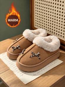 Women's Fleece Leopard Print Bow Thick Sole Slippers, Warm Lining, Closed Back, Unisex Indoor/Outdoor Slippers - Style B-brown - View 5