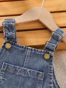 Girls' Denim Overall Long Pants With Sweet Bow Jacquard Design, Casual Denim Overalls For Toddlers And Young Girls, Spring/Autumn/Winter Single Piece With Adjustable Shoulder Straps - Royal Blue - View 7